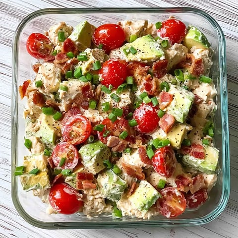 A glass bowl filled with a salad of tomatoes, avocado, and bacon.
