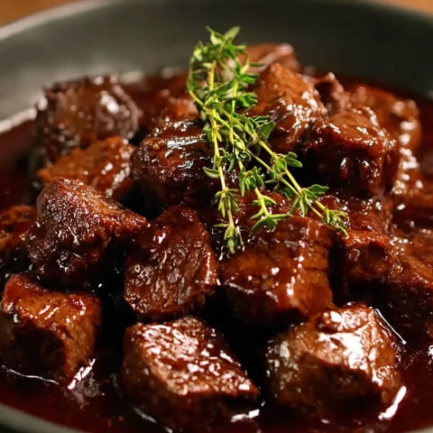 A bowl of meat with a sprig of parsley on top.