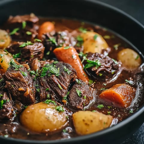 A bowl of beef stew with carrots and potatoes.