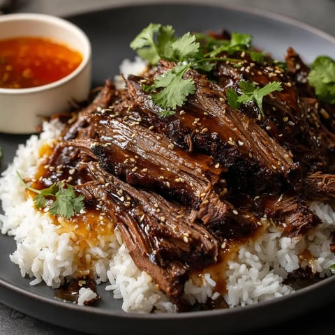 A plate of beef with rice and a bowl of sauce.