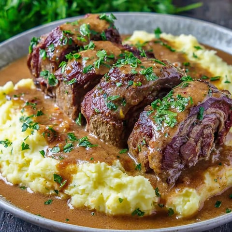 A plate of meat and potatoes.
