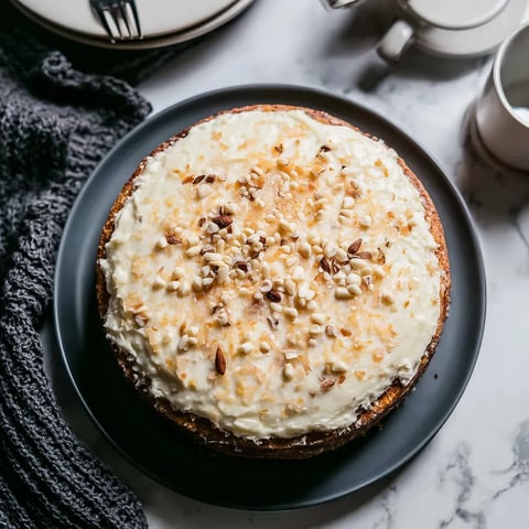A cake with white frosting and nuts on top.