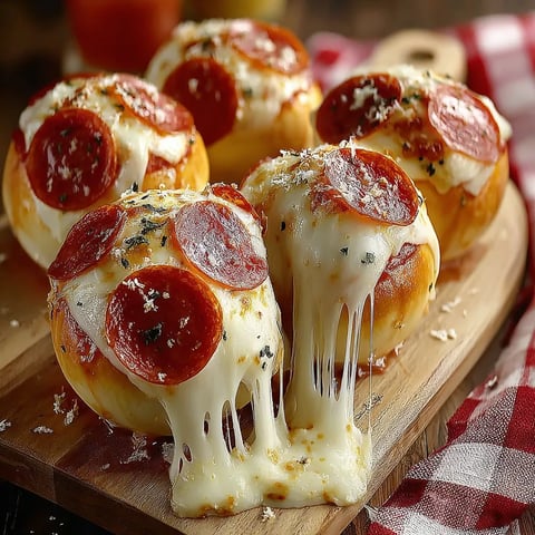 Three pepperoni pizza bites on a wooden board.