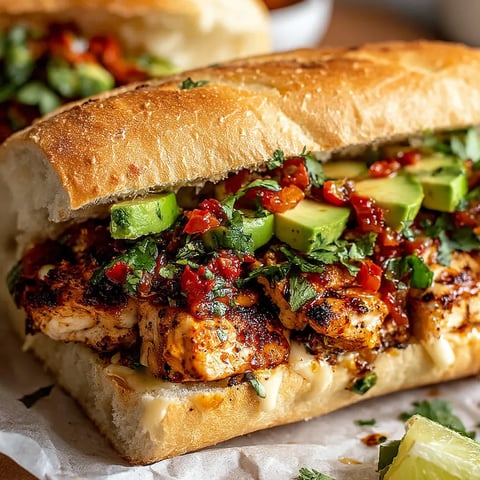 A sandwich with chicken, avocado, and peppers.