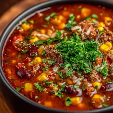 A bowl of soup with meat and vegetables.