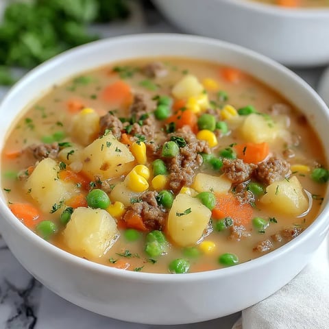 A bowl of soup with peas and carrots.
