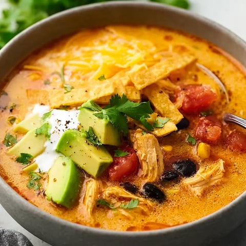 A bowl of soup with chips on top.