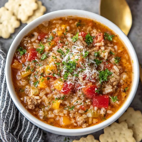 A bowl of soup with rice, tomatoes, and cheese.