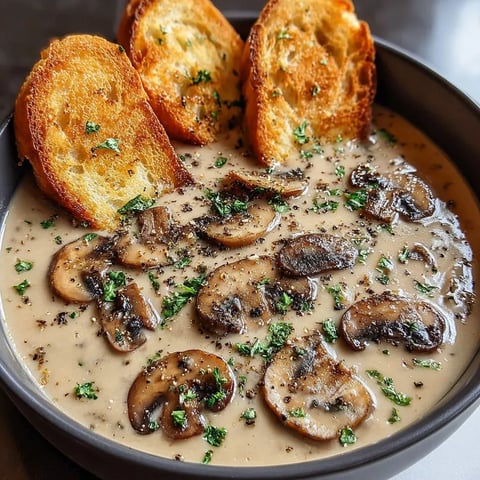 A bowl of soup with mushrooms and bread.