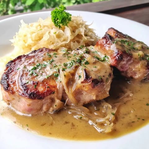 A plate of meat with sauce and a garnish.