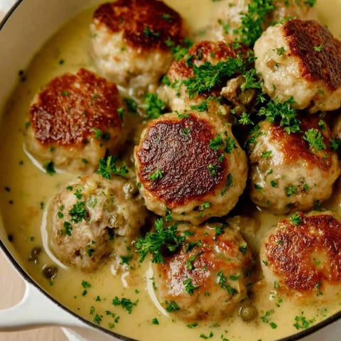 A bowl of meatballs in a creamy sauce.