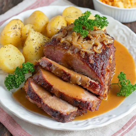 A plate of meat and potatoes.