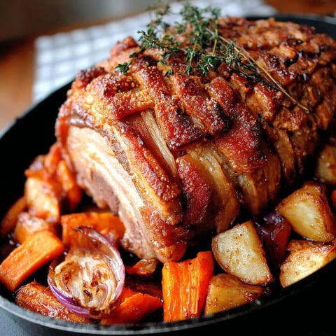 Ein großes Stück Fleisch in einem Topf, das mit verschiedenen Gemüsearten wie Karotten, Zwiebeln und Paprika garniert ist.