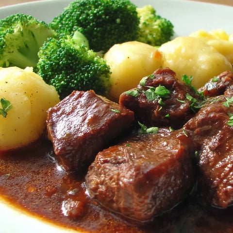 Eine Platte mit Fleisch, Kartoffeln und Brokkoli.