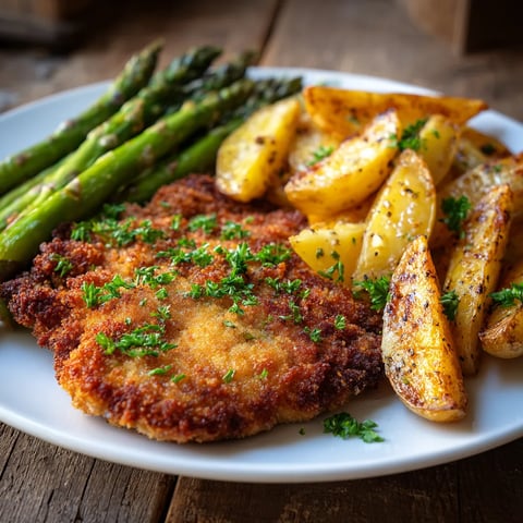 Ein weißer Teller mit gegrilltem Fleisch, Asparagus, Kartoffeln und Zwiebeln.