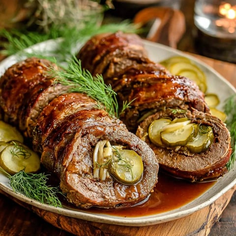 A plate of meat with pickles on top.