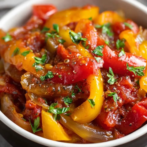 A bowl of food with peppers and onions.