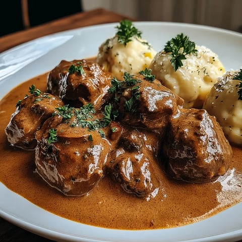 A plate of meat and potatoes.