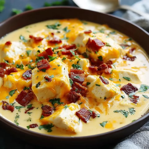 A bowl of soup with bacon and cheese.