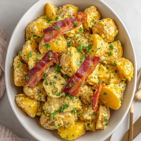 A bowl of food with bacon and potatoes.