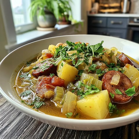 A bowl of soup with sausage and vegetables.