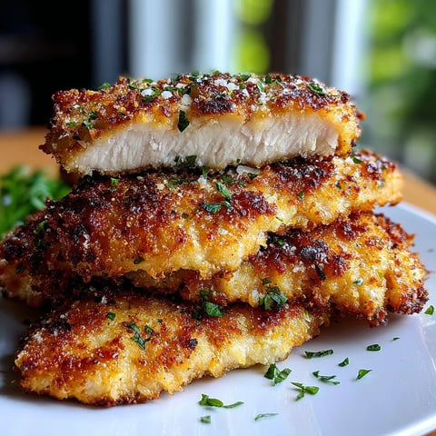 A stack of breaded chicken on a plate.