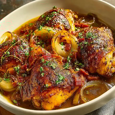 A bowl of chicken with onions and herbs.