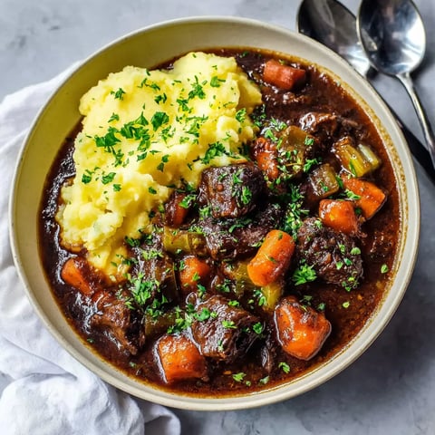 A bowl of food with meat and potatoes.