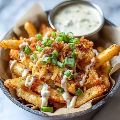 A bowl of fries with cheese and sauce.