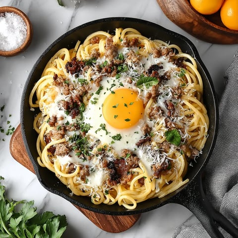 A bowl of pasta with a fried egg on top.