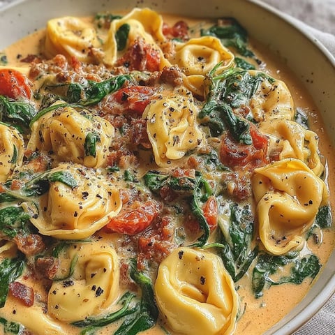 A bowl of pasta with tomatoes and spinach.