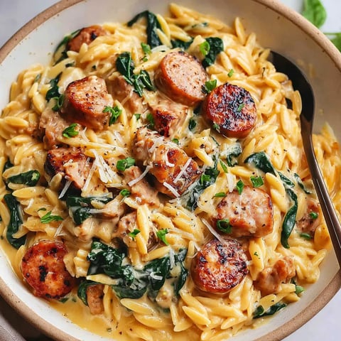 A bowl of pasta with sausage and spinach.