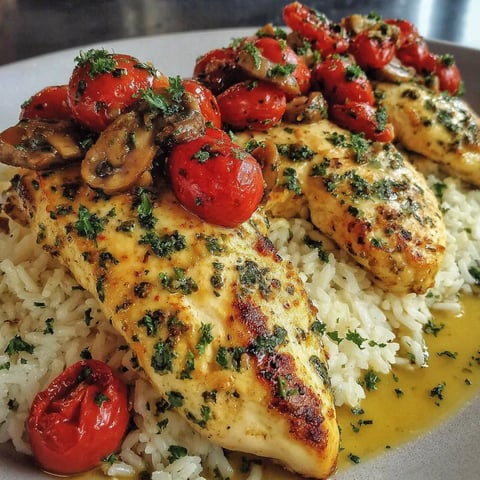 Ein Plate mit Rice und Chicken, garniert mit Tomaten, Mushrooms und Zwiebeln.