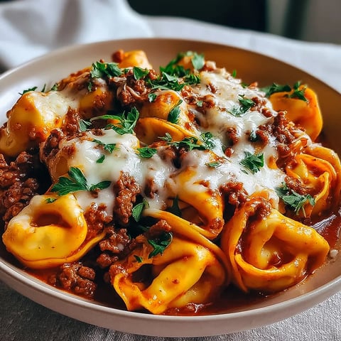 Ein weißer Teller mit einer Mischung aus Pasta, Käse und Rindfleisch.