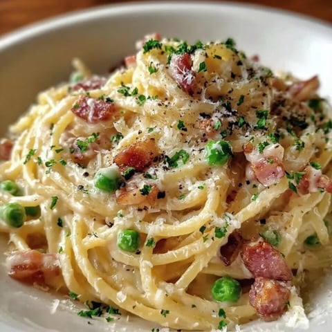 Ein weißer Teller mit Pasta, Peas, Bacon und Parmesan.