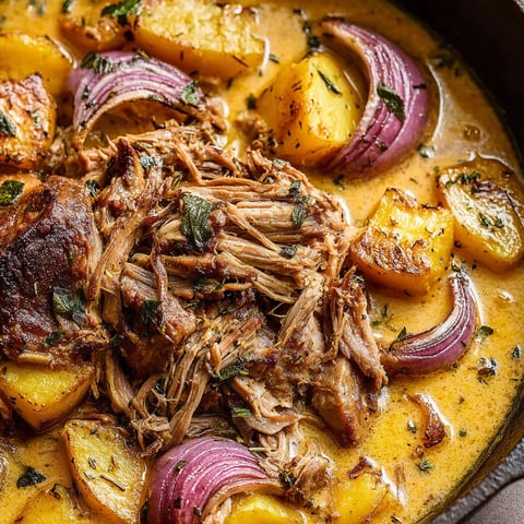 Ein Schmorbraten mit Kartoffeln und Zwiebeln in einer Schüssel.