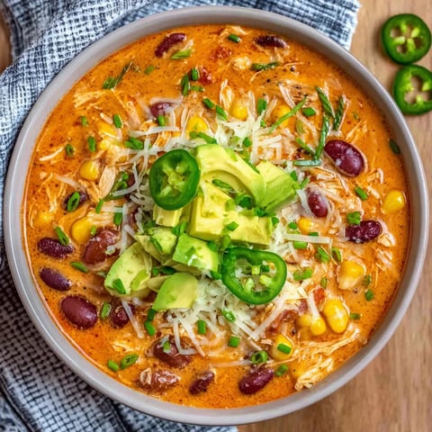A bowl of soup with chili, beans, and jalapenos.
