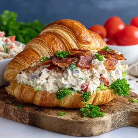 A sandwich with bacon and tomatoes on a wooden table.