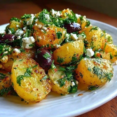 A white plate with a salad of potatoes, olives, and herbs.