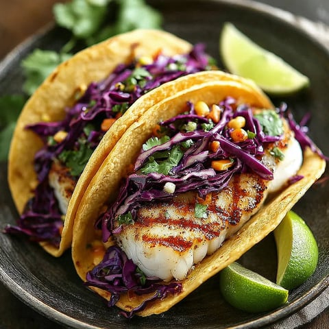 A plate of food with two tacos and a lime wedge.