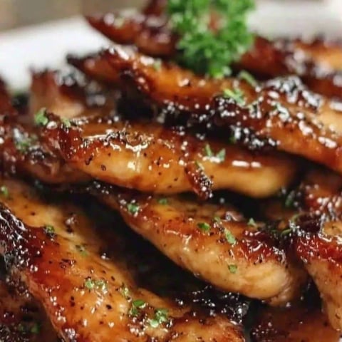 A plate of barbecue ribs with a green garnish.