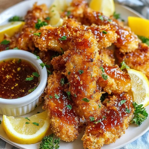 A plate of fried chicken with lemon wedges on the side.