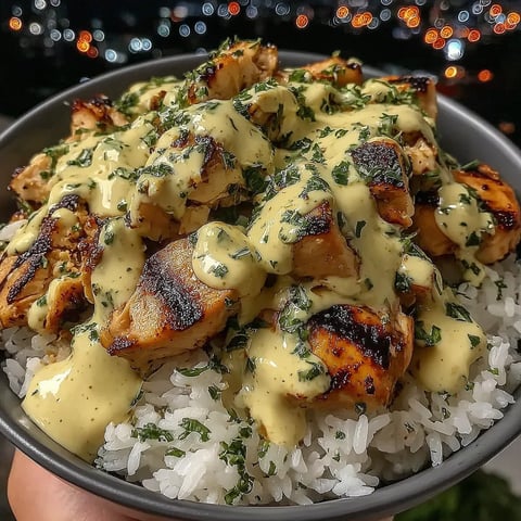 A bowl of rice with chicken and sauce.