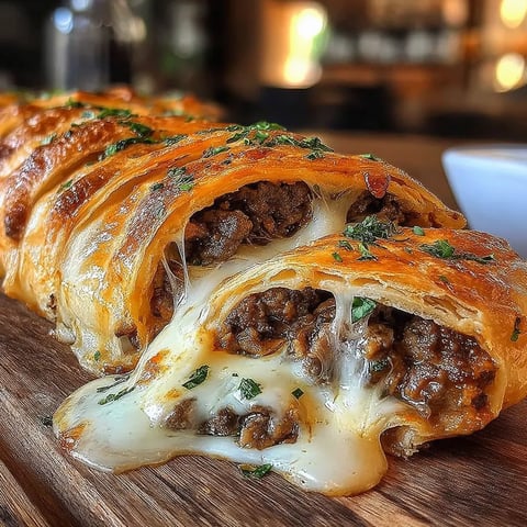 A cheese and meat filled pastry on a wooden table.