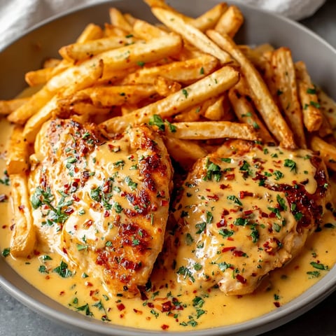 A plate of chicken with fries and gravy.