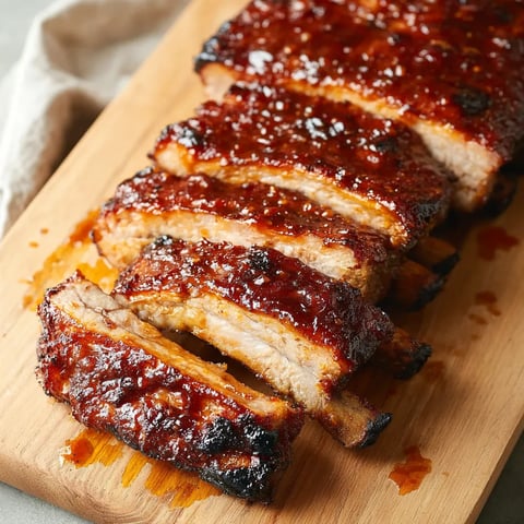A wooden cutting board with BBQ ribs on it.