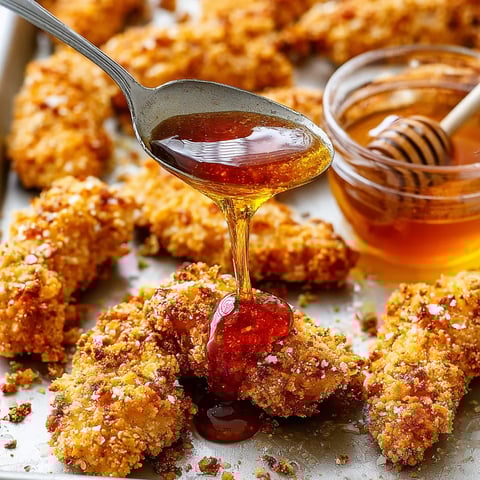 A spoonful of honey drizzled over breaded chicken.