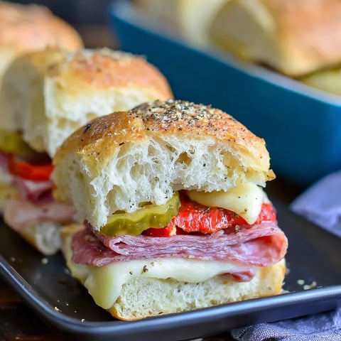 A plate of sandwiches with meat and cheese.