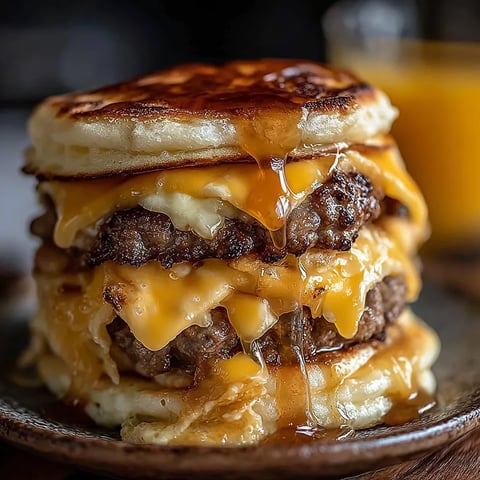 A stack of hamburgers with cheese and sauce.