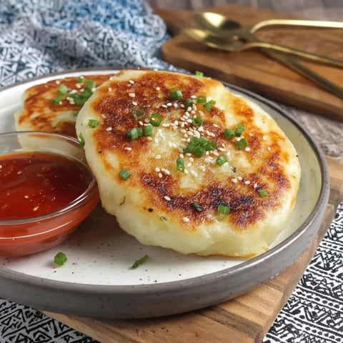 A plate with two pancakes and a bowl of sauce.